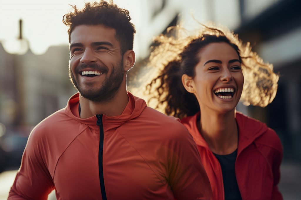 Couple doing sport together outdoor, running together. Morning run. Healthy lifestyle. Sport concept