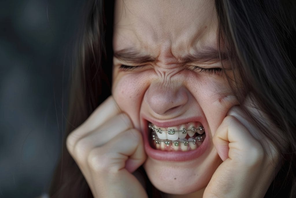 girl with braces clenching teeth jaw pain eyes closed fists clenched
